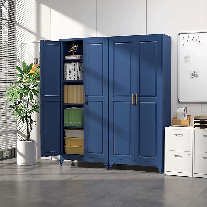 Kitchen Pantry Cabinet,75”Blue Metal Storage Cabinets with Doors and 4 Adjustable Shelves,Kitchen Cabinet with 2 Gold Handles,Tall Cabinet for Livingroom,Pantry, Bathroom