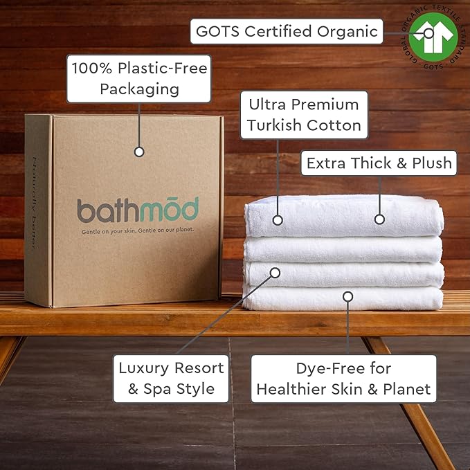Luxury Bath Towels, 4 Pack - Ultra Plush, GOTS Organic Turkish Cotton - Extra Thick Towels - Ultra Absorbent and Extra Fluffy - for Bathroom, Spa, Hotel - White