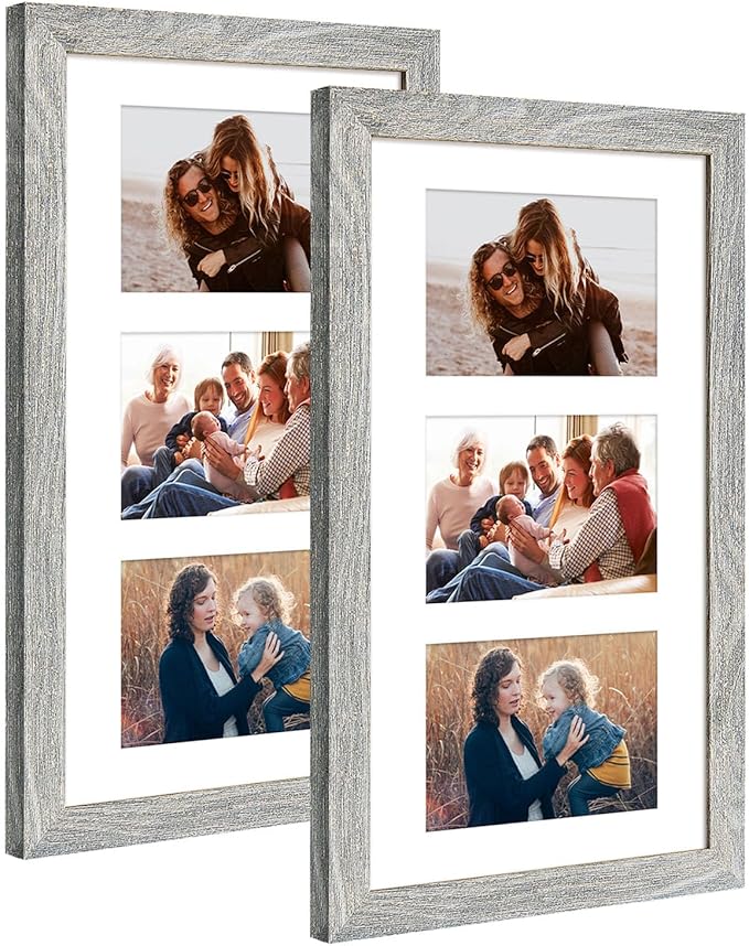 8x14 Collage frame with 3 Openings 4X6 Pictures, Multiple Picture Frame with Mat, Wall or Tabletop Decor, Grey Wood Grain,2 Pack
