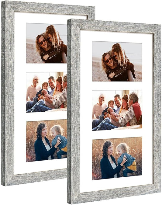8x14 Collage frame with 3 Openings 4X6 Pictures, Multiple Picture Frame with Mat, Wall or Tabletop Decor, Grey Wood Grain,2 Pack