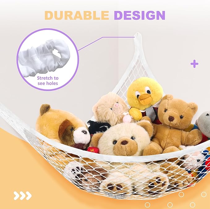 Stuffed Animal Net Hammock for Plushie Toys, Stuffed Animal Hammock Corner for Kids' Room Decor, Ideas for Organizing Stuffy Collection, 2 Packs, White