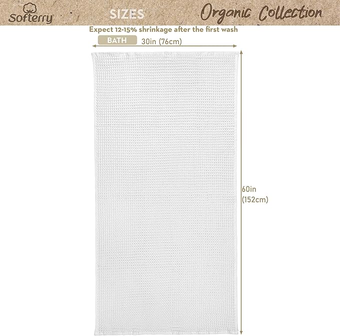 Softerry European Waffle Weave Bath Towel Set - 100% Organic Cotton - Quick Dry Lint Free Thin and Absorbent - Fade Resistant - Eco-Friendly (Set of 2 Bath, White)