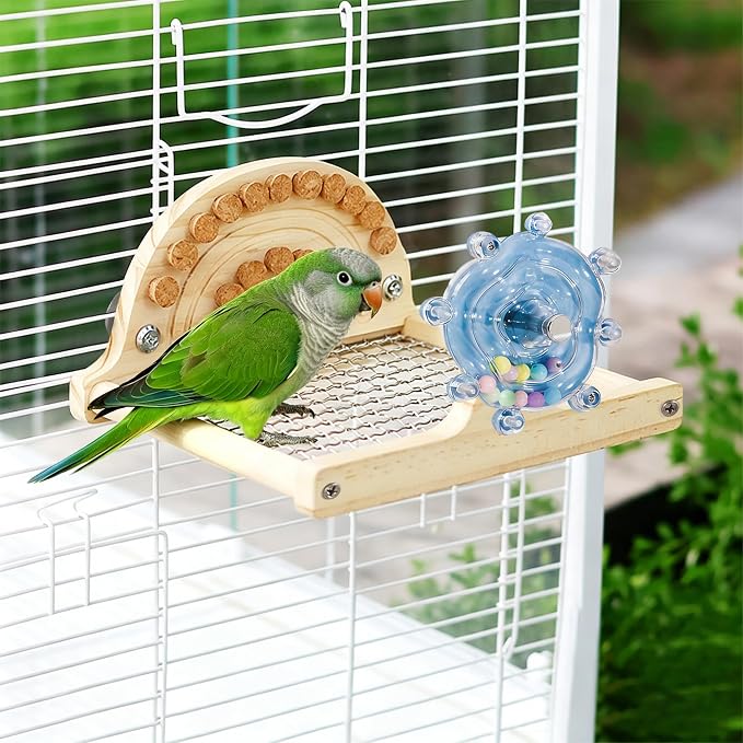 Bird Perches Platform,Stainless Steel Bird Stand with Rotating Spinner & Natural Cork Chew Toy,9.1''L*6.5''W*4.3''H Grid Parrot Perch Stand Shelf,Bird Cage Accessories for Small/Medium Parrots