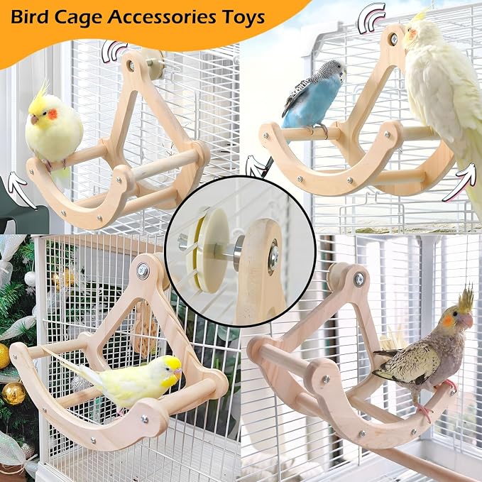 Bird Perch Toy, Wooden Interactive Rocking Parakeet Toys and Perches | Exercise Wheel Cockatiel Toys, Intelligence Puzzle Birds Enrichment Toy for Parrot, Bird Cage Accessories for Budgies Conure