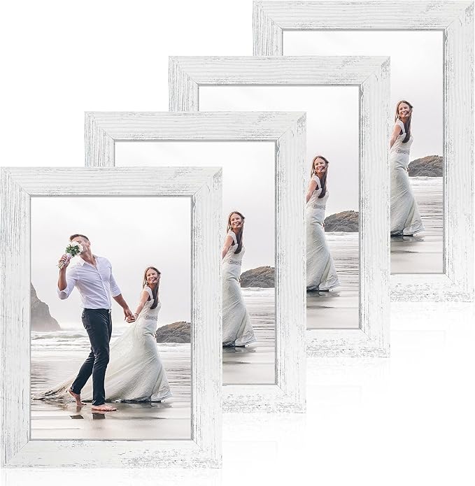 iRahmen 6x9 Picture Frame Set of 4, High Definition Glass Distressed White Frame, 6 x 9 Wood Photo Frames for Horizontal or Vertical Tabletop Display and Wall Mounting