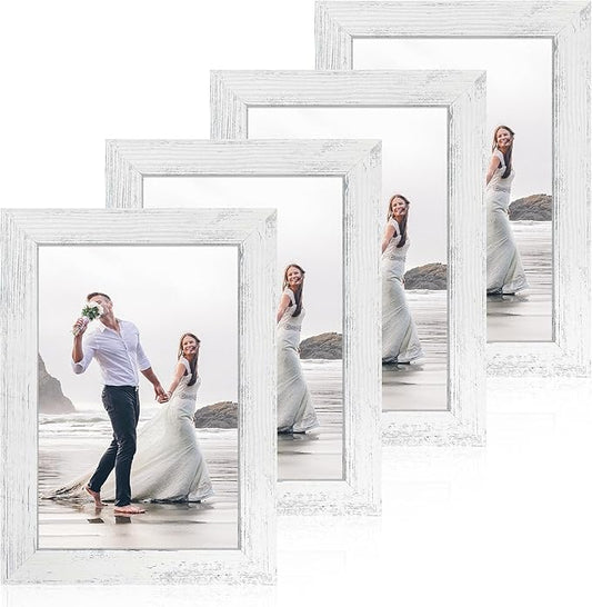 iRahmen 6x9 Picture Frame Set of 4, High Definition Glass Distressed White Frame, 6 x 9 Wood Photo Frames for Horizontal or Vertical Tabletop Display and Wall Mounting