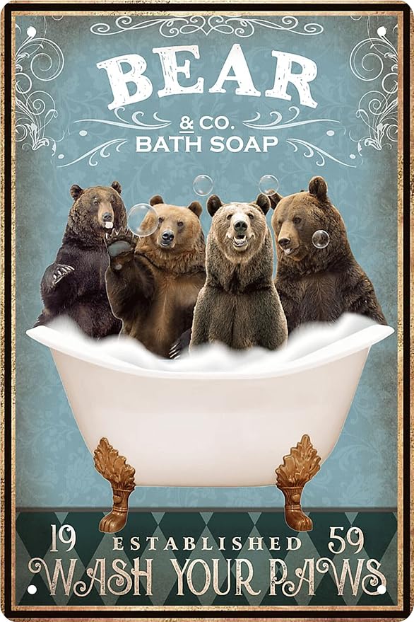 Funny Bear Decor Vintage Bathroom and Bathtub Metal Tin Sign Decor Bear Pet lovers Gift Farm Home Bar Bathroom Man Cave Retro Wall Art Poster Sign Accessories 8x12 In