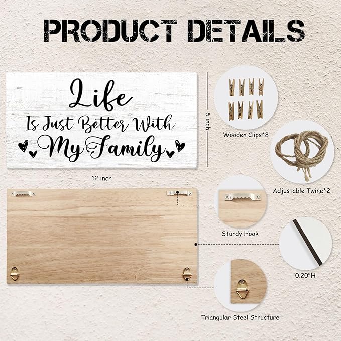 Family Picture Frame Photo Holder, Farmhouse Style, 12x6 Inch, Wooden Clip Frame, Perfect for Wall Decoration and Gifts