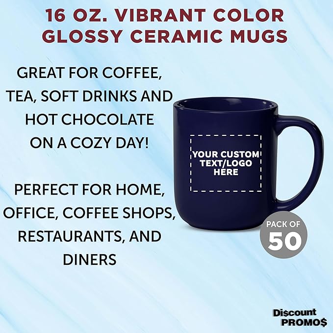 DISCOUNT PROMOS Custom Vibrant Color Glossy Ceramic Mugs 16 oz. Set of 50, Personalized Bulk Pack - Perfect for Tea, Espresso, Cappuccino, Hot Cocoa - Cobalt Blue