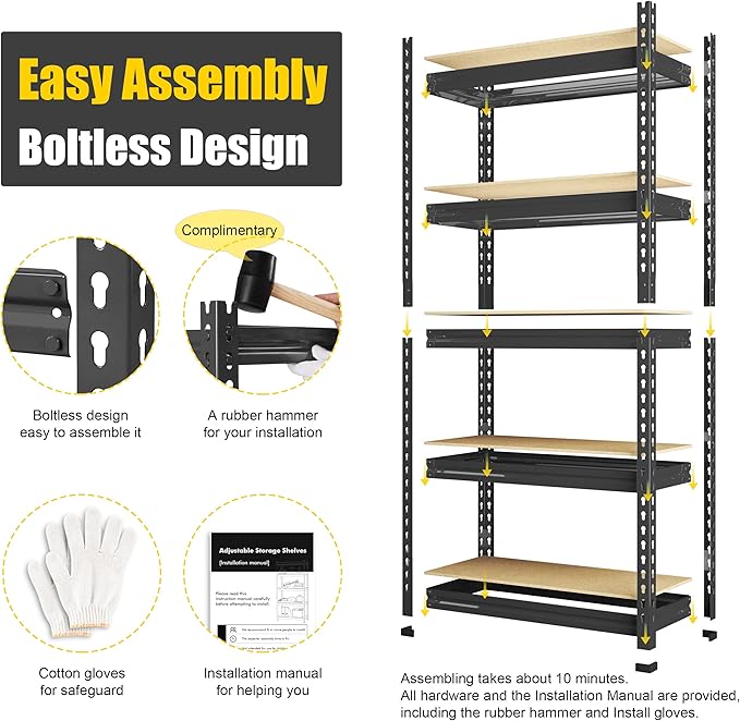 PrimeZone Storage Shelves 4 Pack 5 Tier Adjustable Garage Storage Shelving, Heavy Duty Metal Storage Utility Rack Organizer Shelf Unit for Warehouse Pantry Closet Kitchen Basement, Black