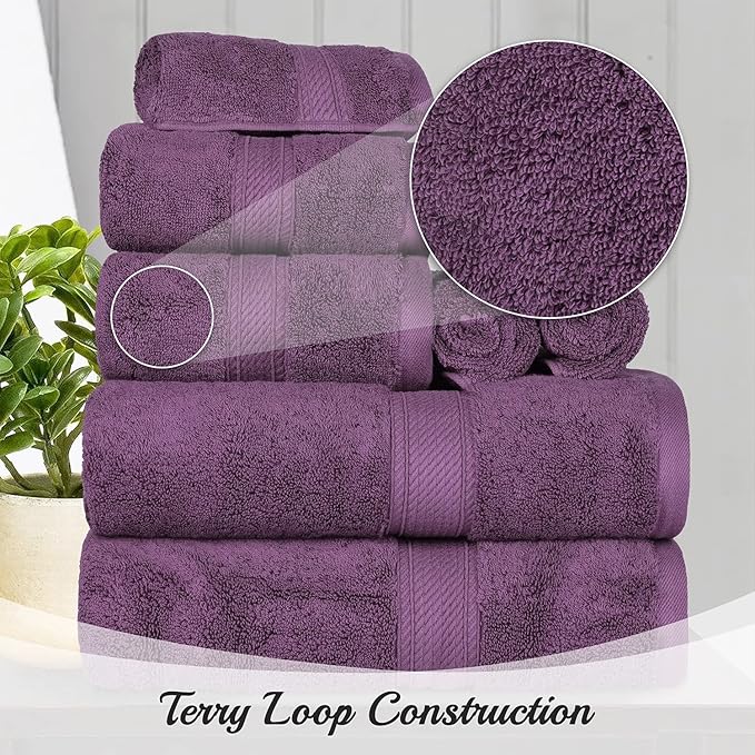 BLUENILEMILLS Madison Egyptian Cotton Towels, Towel Set for Bathroom, Shower, Hotel, Plush, 900 GSM, Highly Absorbent and Ultra-Soft Towels, Bath Essentials, 8 Piece Assorted Towel Set, Plum