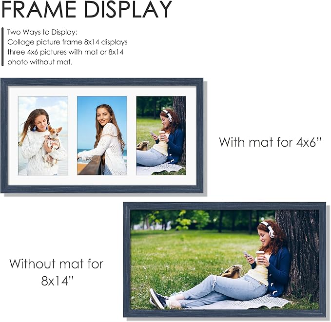 8x14 Collage Picture Frame 4x6 Collage Picture Frame Displays Three 4x6 inch Photos or 8x14 (Without Mat) for Available Horizontal Wall Mounting Display and Vertical Navy Blue