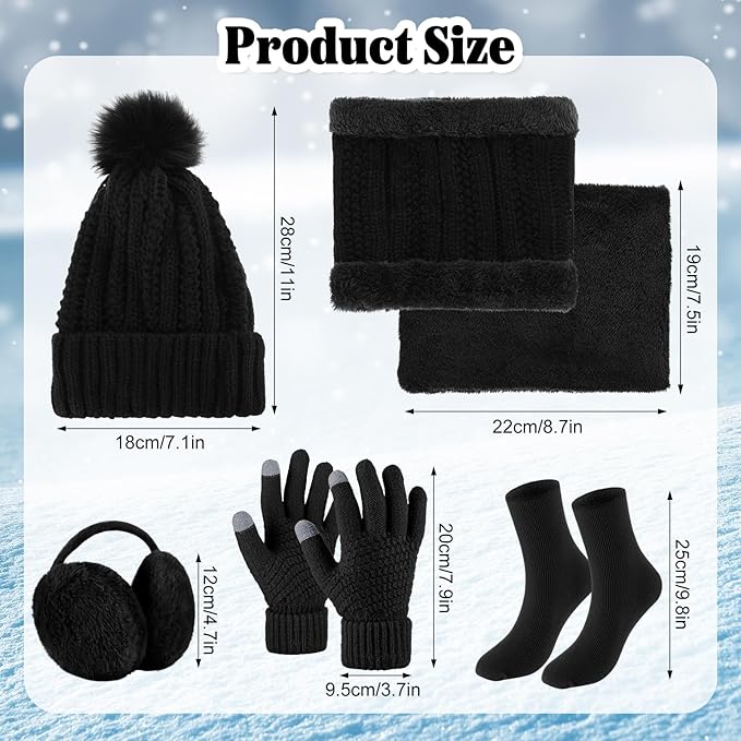 SATINIOR 5 Pcs Winter Satin Lined Hat Scarf Gloves Set Knit Pompom Beanie Warm Touchscreen Glove Earmuff Ear Warmer for Women