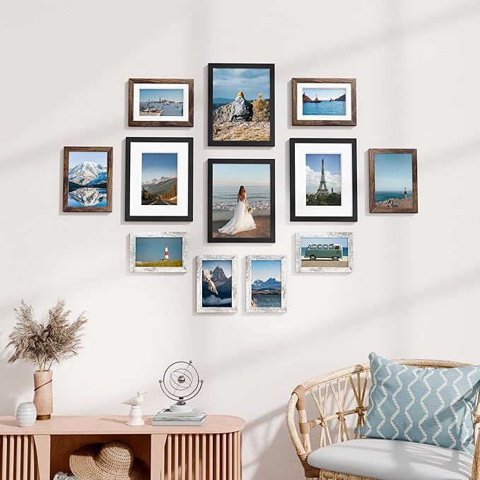 Vittanly 12 Pack Picture Frames Collage Wall Decor for Mounting or Tabletop Display, Multi Sizes Including 4pcs 8x10, 4pcs 5x7, 4pcs 4x6, Black, Brown and Distressed White