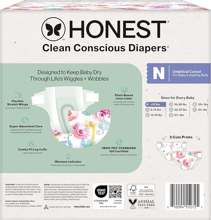 The Honest Company Clean Conscious Diapers for Delicate Skin Up to 100% Leakproof Hypoallergenic Fragrance-Free Baby Girl Prints Club Box Size Newborn 72 Count (Prints May Vary)