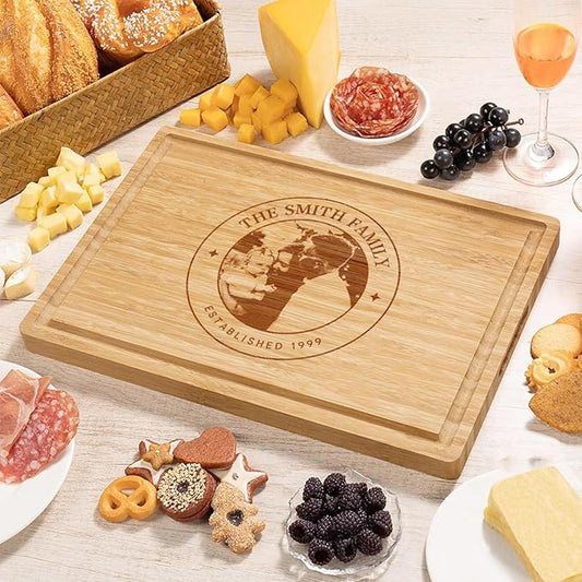 callie Personalized Bamboo Cutting Board with Engraved Photo, Custom Wooden Charcuterie Boards with Juice Grooves, Christmas, Wedding, Housewarming Gifts (S, M, L)