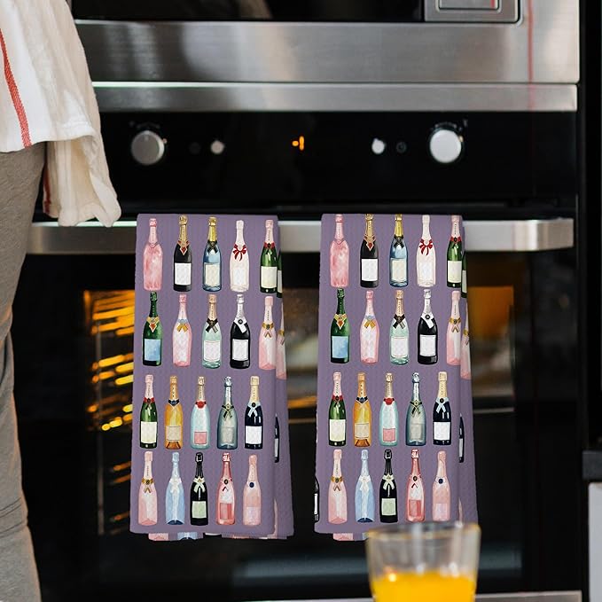 Purple Champagne Kitchen Towels Set of 2, Champagne Accessories Home Bar Bathroom Decor, Champagne Gifts for Women, Cocktail Gift Bachelorettes Decorative Tea Dish Towels 16x24 Inch