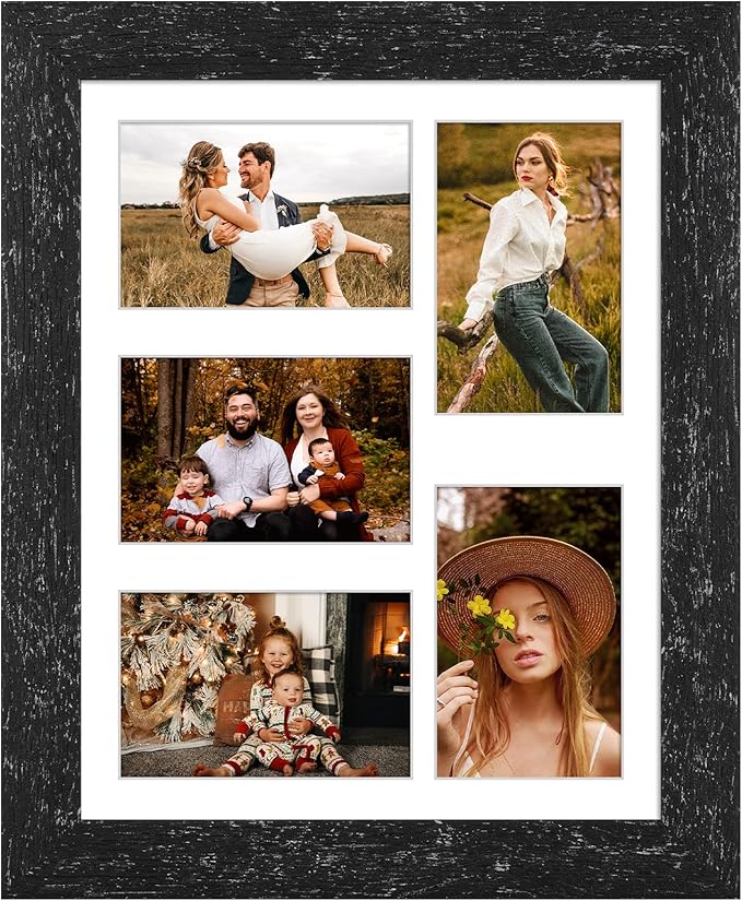 11x14 Picture Frame Display 5 opening 4X6 Picture Frame Collage,Multi Photo Frame with Mat,Plexiglass,Wall or Tabletop Decor,Black Wood Grain
