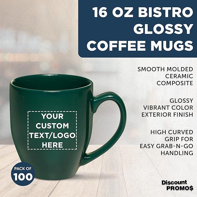 Custom Large Coffee Cups 16 oz. Set of 100, Personalized Bulk Pack - Perfect for Tea, Espresso, Cappuccino, Hot Cocoa - Green