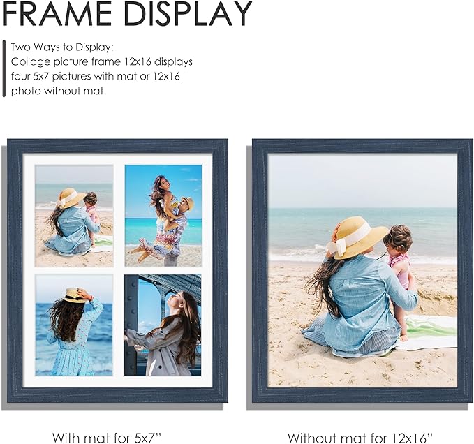 12x16 Picture Frame 5x7 Collage Picture Frame Displays Four 5x7 inch Photos or 12x16 (Without Mat) for Available Horizontal Wall Mounting Display and Vertical Navy Blue
