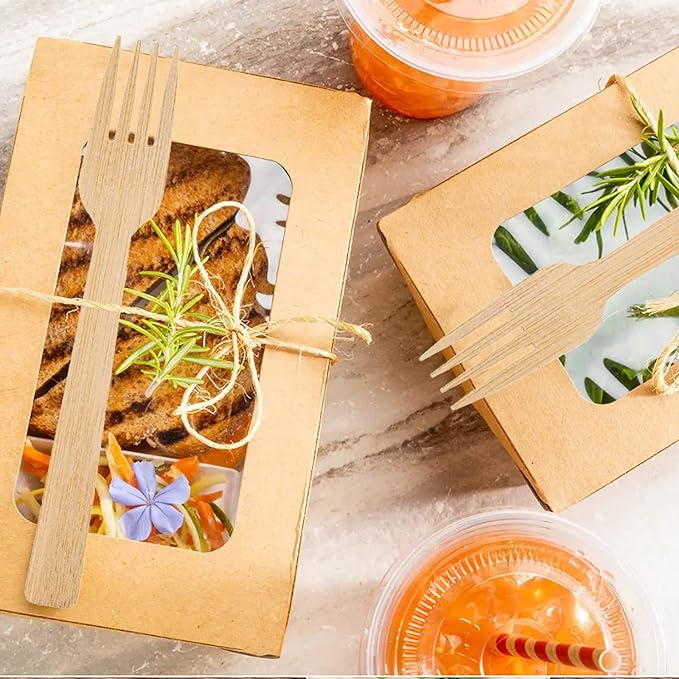 Boobam Econatural Products Bamboo Utensils - Natural Disposable Wooden Cutlery for Party, Eating, Camping, Picnic, Wedding, Compostable Silverware, Individually Wrapped Spoons, Forks, Knives - 50 Sets
