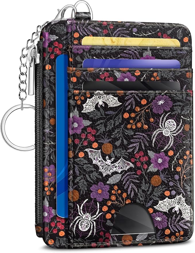 Kelvoris Credit Card Holder Small Wallet Women, Slim RFID, Goth Bat Spider | Keychain, Zipper Coin Pocket, Front Pocket Thin Travel Card Case, Minimalist, 6 Card Slots, 1 ID Window, Ladies Gifts Woman