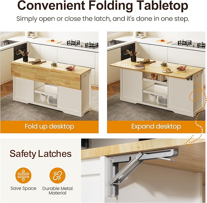 RoyalCraft 59'' Inch Kitchen Island with Storage and Drop Leaf, Island Table for Kitchen, Coffee Station Cabinet with Rubber Wood Top, Pull-Out Trays, Drawers, Adjustable Shelf, Power Outlet, White