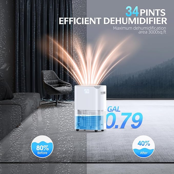 3000 Sq.Ft Wi-Fi Dehumidifiers for Home, 34 Pints Energy Star Certified Smart Dehumidifier for Basement, Bedroom, Bathroom, with Drain Hose, 3 Modes,24H Timer,Auto Defrost, Child Lock