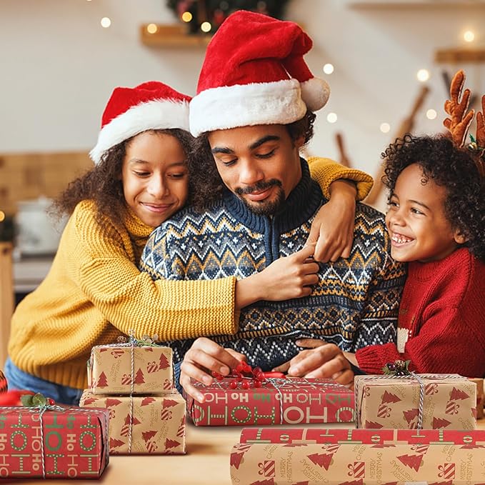 AhfuLife 2 Rolls Christmas Wrapping Paper - 17 Inch × 49.2 Feet Per Roll, Recyclable Red Brown Kraft Xmas Wrapping Paper for Gift Box Decoration