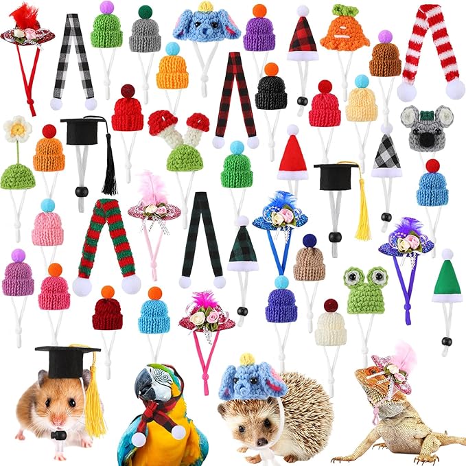 44 Pcs Guinea Pig Hat Scarf, Small Animal Hats Hamster Hedgehog | Mini Knitted Costume for Snakes Lizards, Holiday Party Photo Props, Multiple Styles with Pom Decorations, Tiny Pets Gift