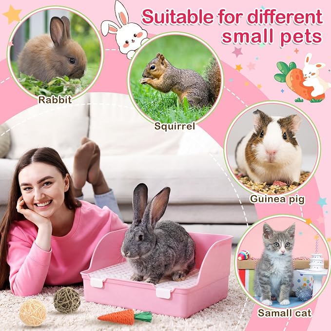 Reallnaive 15 Pcs Rabbit Starter Kit Small Rabbit Litter Box Girls Gift Animal Grooming Kit Bunny Toys Bowl Blankets with Cleaning Set for Guinea Pig Accessories(Light Pink)