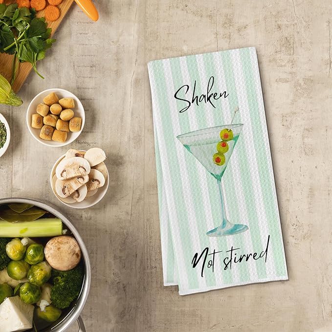 Green Martini Kitchen Towels, Dirty Martini Gifts Dish Tea Towels for Kitchen Bar Cart Decor, Gifts for Cocktail Lovers, Shaken Not Stirred Cocktail Decorative Hand Towel, 16x24 Inch
