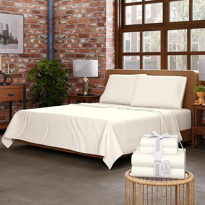 SUPREME ELEGANCE Organic 100% Cotton Queen Sheet Set, 18” Deep Pocket, Light Ivory | Lightweight, Eco-Friendly Cotton, Percale Softness, Durable & Breathable, Naturally Cooling | All Season Comfort