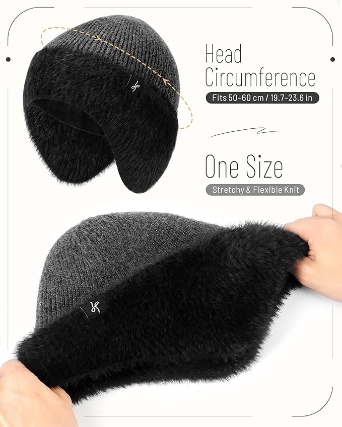 Winter Fleece-Lined Beanie with Earflaps, Warm Windproof Unisex Beanie Hat for Skiing, Hiking & Outdoor Winter Sports
