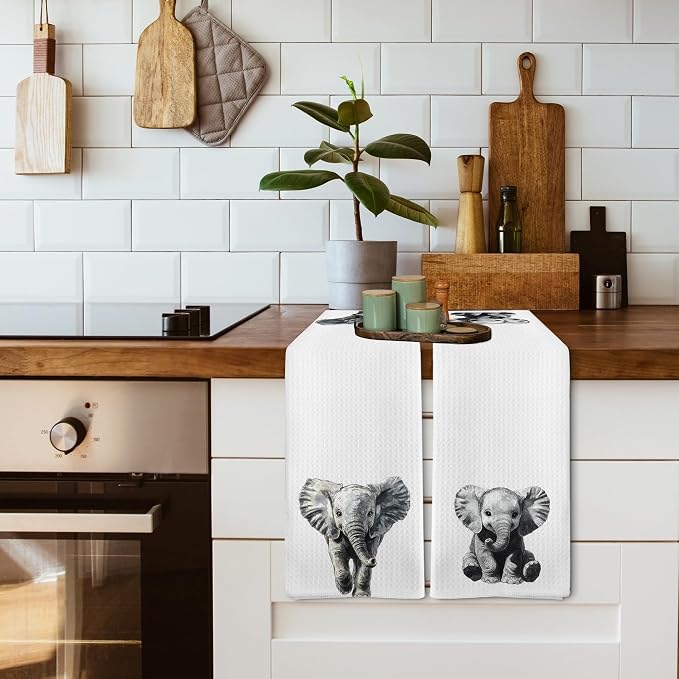 Funny Elephant Kitchen Towels and Dishcloths Sets of 2, Elephant Nursery Decor Gifts for Home,Woodsy Rustic Cabin Safari Jungle Nursery Decor Dish Hand Tea Towels for Bathroom Kitchen,16x24In