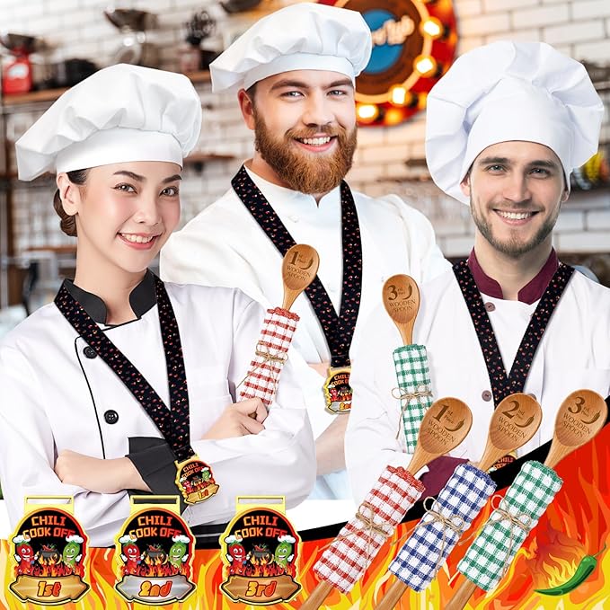 Quelay 9 Pcs Chili Cook off Trophies Prizes Set 1st 2nd 3rd Place Metal Medals Wooden Spoons for Cooking Cotton Towels Chili Cook off Decorations Cooking Gifts for Men Women Festivals Supplies