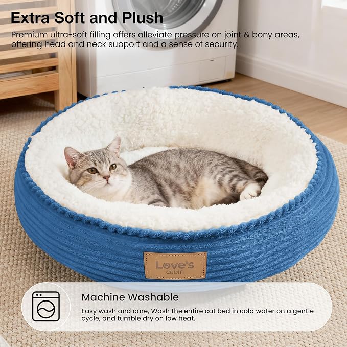 Love's cabin Round Donut Cat and Dog Cushion Bed, 20in Pet Bed for Cats or Small Dogs, Anti-Slip & Water-Resistant Bottom, Super Soft Durable Fabric Pet beds, Washable Luxury Bed Royal Blue