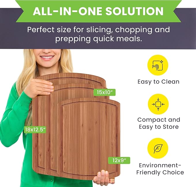 Organic Bamboo Wooden Cutting Board Set of 3 - Used to Chop Veggies, Carve Meat, Present Charcuterie at Mealtime Prep and Family Gatherings - Ideal for Professional and Busy Home Chefs - Dark