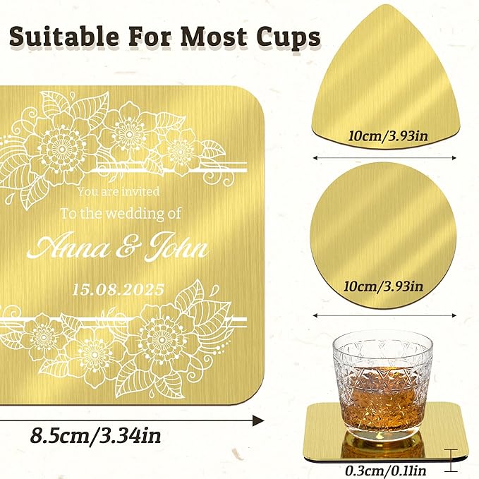 Personalized Coasters,Stainless Steel Coaster with Sponge Bottom,Engraved Drink Coasters with Logo/Name, Modern Coasters for Restaurant, Bar, Housewarming or Wedding Gift, Set of 6 (Golden, Round)