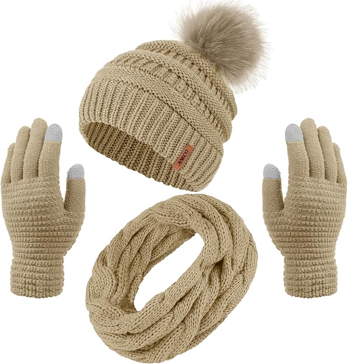 Aneco Womens Winter Warm Sets Knitted Fur Pompoms Beanie Hat Circle Loop Scarf Touch Screen Gloves Winter Favor Accessories