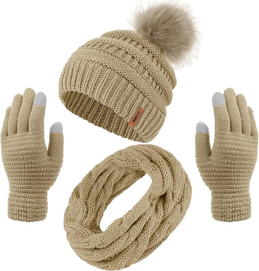 Aneco Womens Winter Warm Sets Knitted Fur Pompoms Beanie Hat Circle Loop Scarf Touch Screen Gloves Winter Favor Accessories