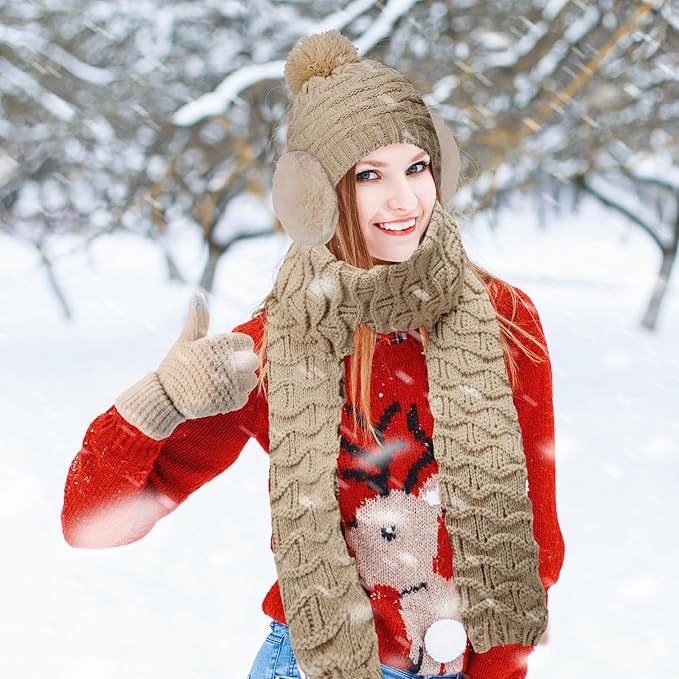 JenPen 4 Pcs Winter Hat Scarf and Gloves Set for Women Include Ear Cover Cold Weather Scarf Hat Knit Beanie Gloves