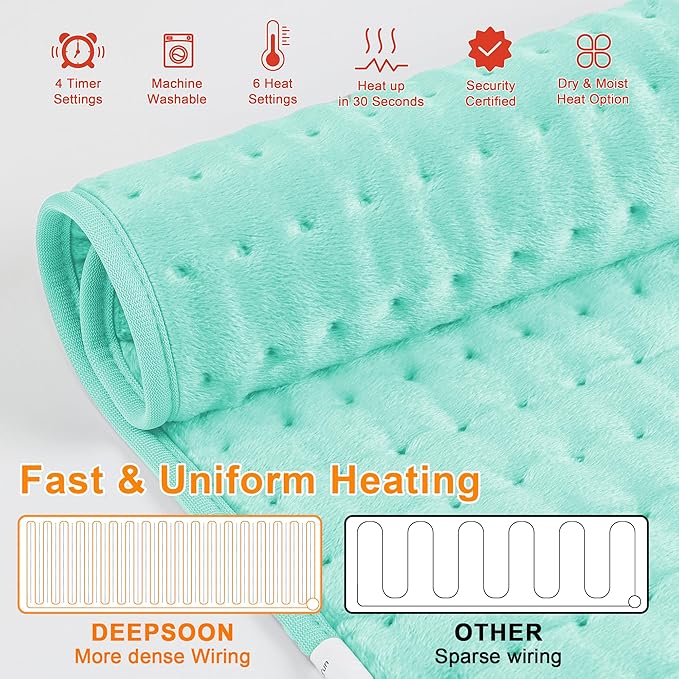 Deepsoon Heating Pad,Electric Heating Pads for Back,Neck,Abdomen,Moist Heating Pad for Shoulder,Knee,Arms,Legs,Dry/Moist Heat & Auto Shut Off,Christmas Gifts for Men and Women,Light Green,24x12 Inch