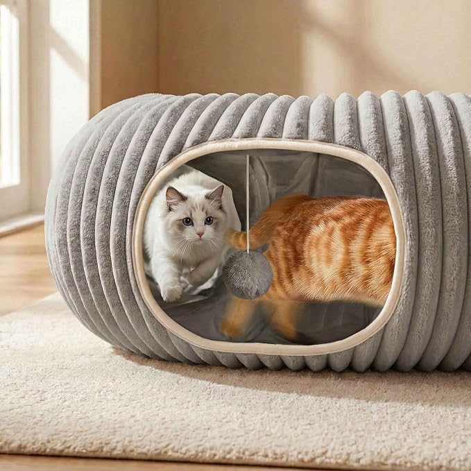 Cat Tunnel Bed for Indoor Cats, Peekaboo Cat Cave Bed, Grey | Soft Cat Donut Tunnel for Kitten Large Cats, Cat Gifts