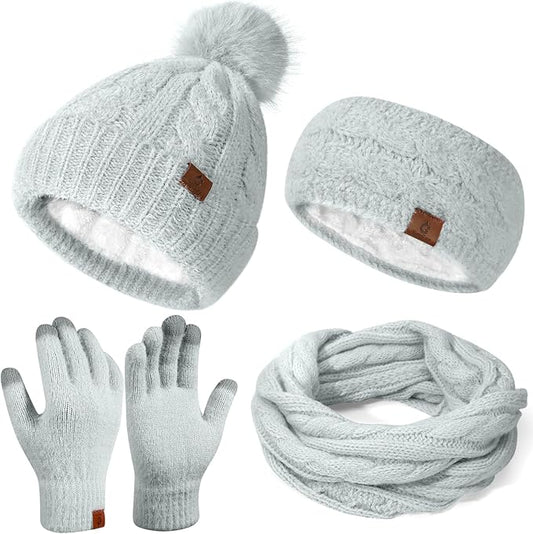 Womens Beanie Hat Infinity Scarf Touchscreen Gloves Fleece Headband 4 in 1 Winter Clothes Set Gifts for Women