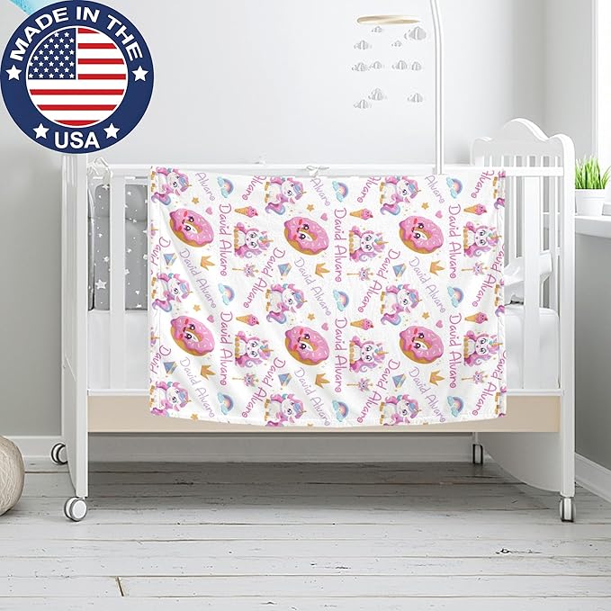 Ship Next Day Personalized Baby Blanket, Printed in USA - Custom Name Toddler Blanket with Rainbow Horse Pattern, Personalized