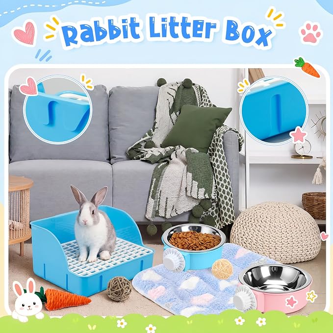 Reallnaive 15 Pcs Rabbit Starter Kit Small Rabbit Litter Box Girls Gift Animal Grooming Kit Bunny Toys Bowl Blankets with Cleaning Set for Guinea Pig Accessories(Bright Blue)
