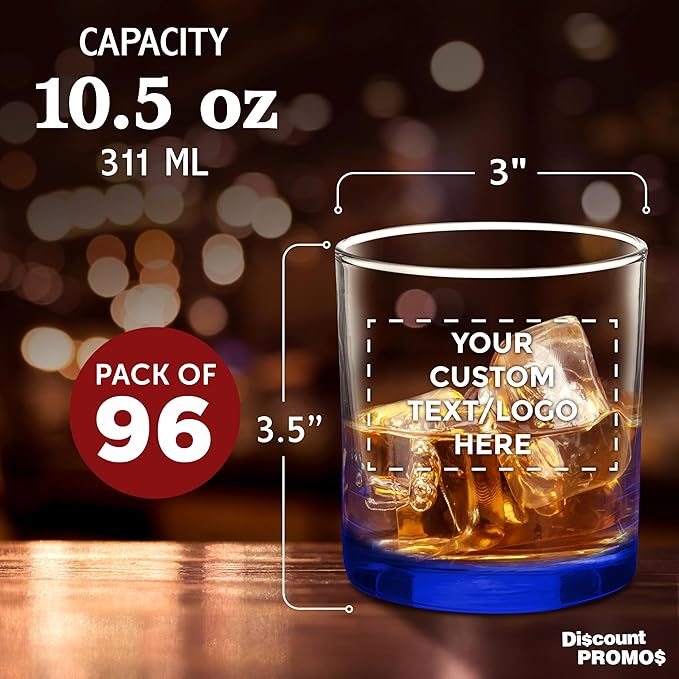 Custom Lexington Rocks Whiskey Glass 10.5 oz, Set of 96, Personalized Bulk Pack - Perfect for Scotch, Bourbon, Whiskey, Cocktail - Blue