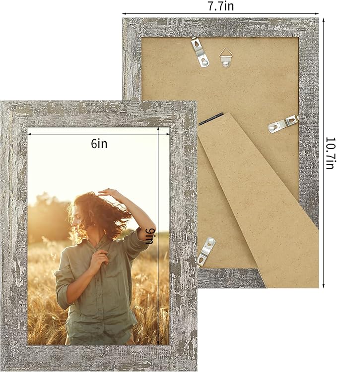iRahmen 6x9 Picture Frame Set of 4, High Definition Glass Distressed Moss Green Frame, 6 x 9 Rustic Wood Photo Frames for Tabletop Display and Wall Mounting