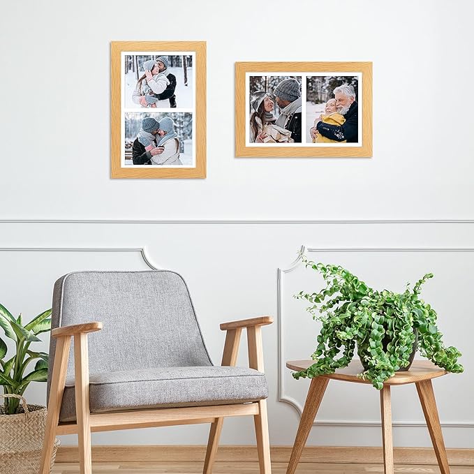 11x17 Picture Frame Display 2 opening 8X10 Double Picture Frame Collage,Multi Photo Frame with Mat,Plexiglass,Wall Mount Decor,Natural Wood Grain